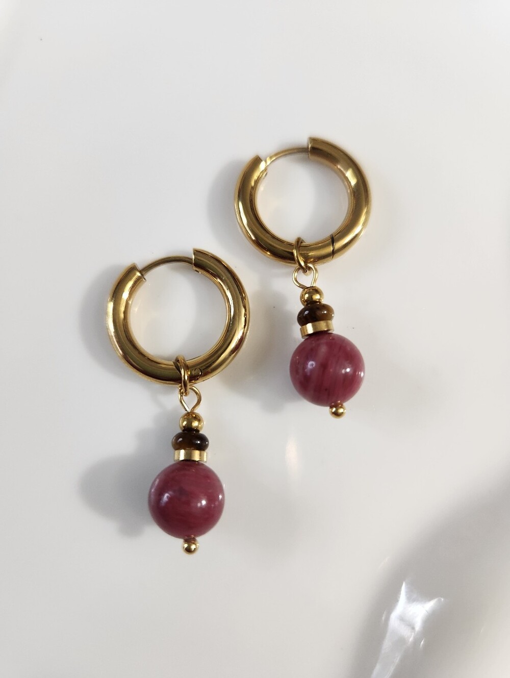 Stainless Steel Rhodonite Charm Hoop Earrings